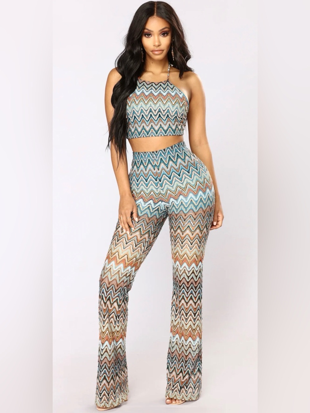 Chevron woven lined Medium 2 piece party set Crop Halter Top and Pants EUC